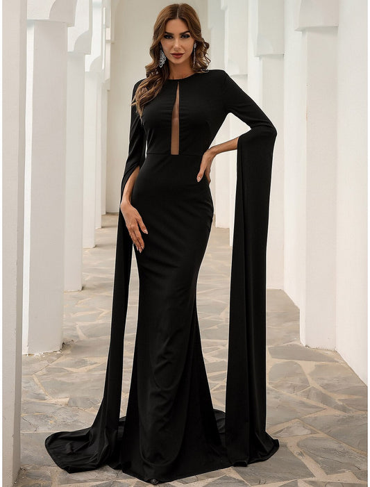 Black Mermaid / Trumpet Evening Gown Elegant Dress Formal Fall Court Train Long Sleeve Jewel Neck Stretch Fabric