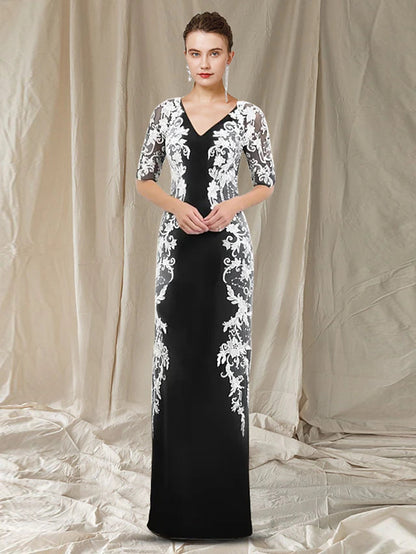 Sheath / Column Mother of the Bride Dress Elegant V Neck Floor Length Chiffon Lace Half Sleeve