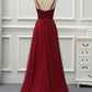 A Line High Low Tulle Train V Neck Backless Formal Prom Dress Evening Dress