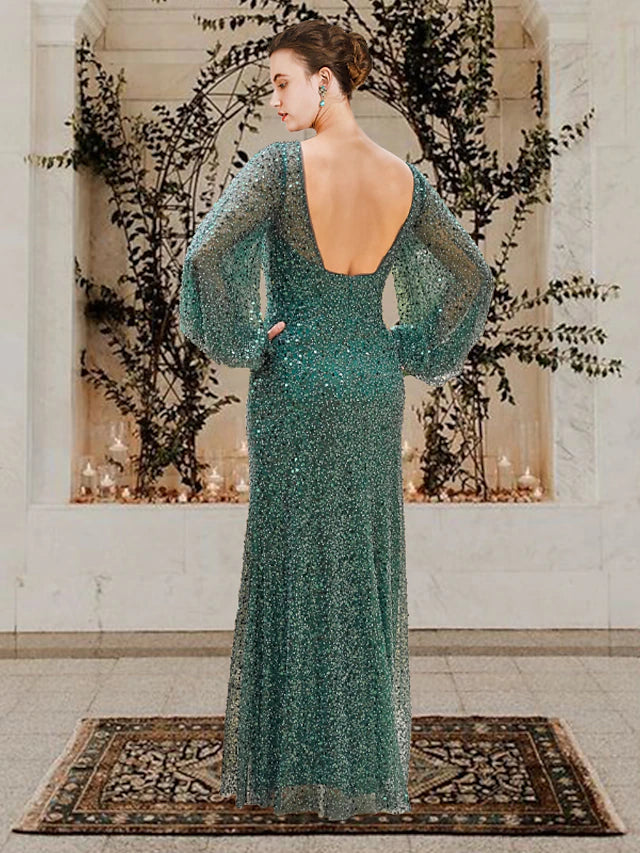 Sheath / Column Mother of the Bride Dress Elegant Sparkle & Shine V Neck Floor Length Lace Sequined Long Sleeve with Beading