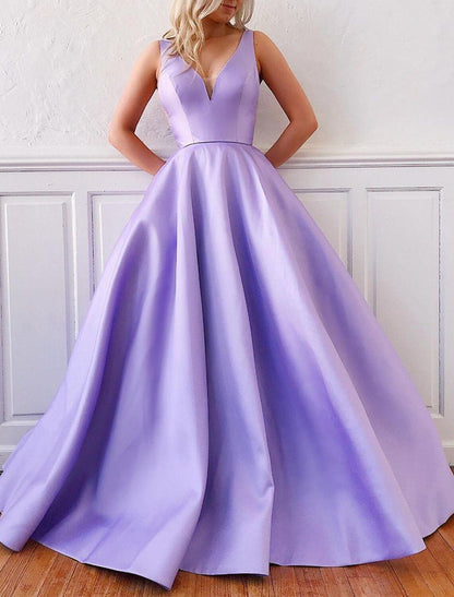 A-Line Prom Dresses Princess Dress Formal Floor Length Sleeveless V Neck Satin Backless