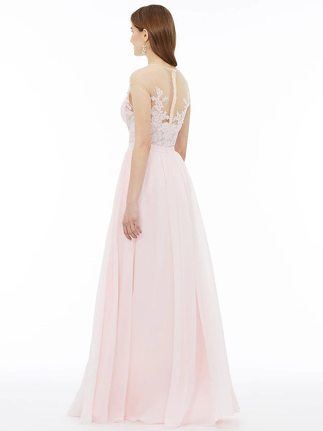 A-Line Bridesmaid Dress Illusion Neck Sleeveless Illusion Detail Floor Length Chiffon / Floral Lace with Sash / Ribbon