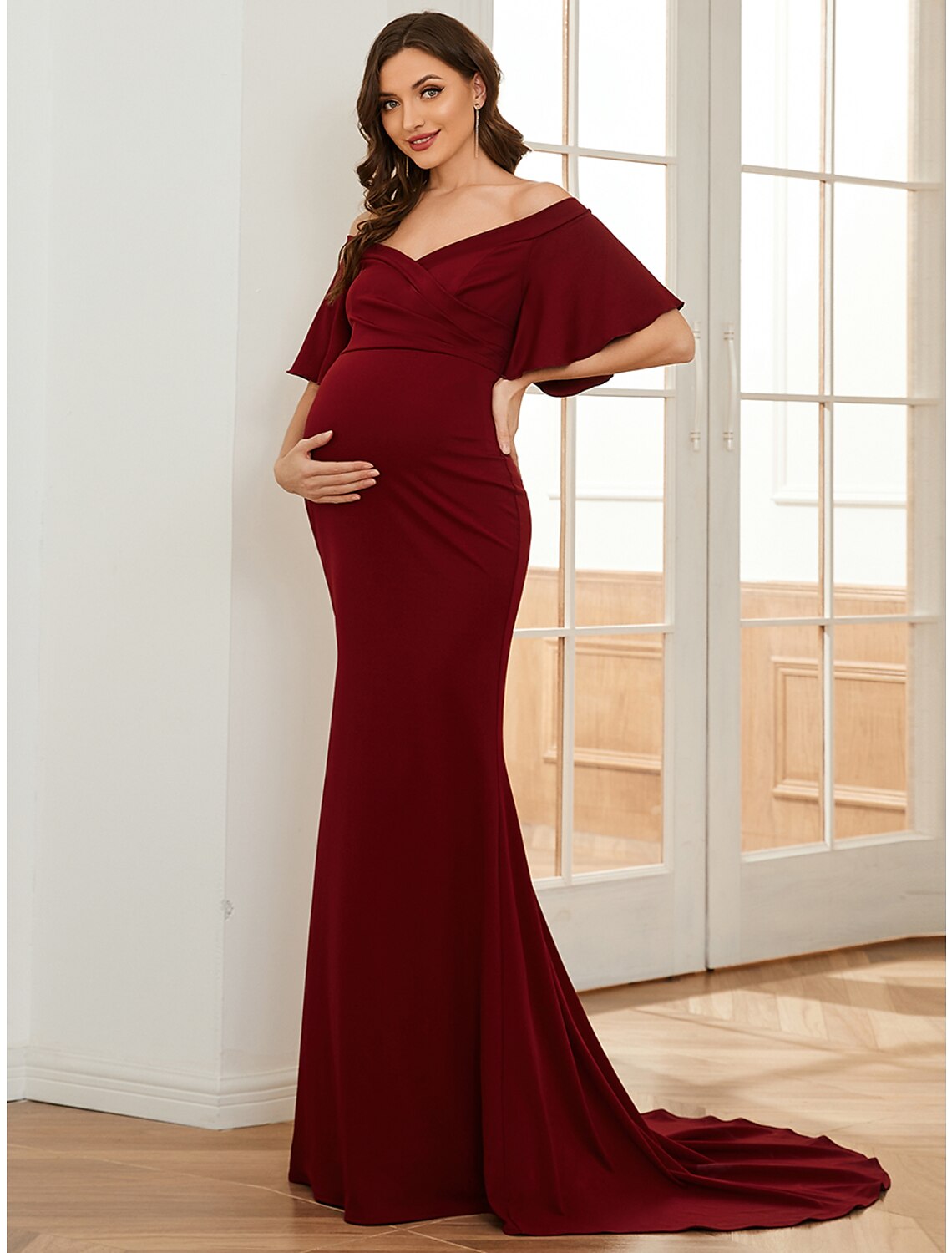 Mermaid / Trumpet Maternity Dresses Maternity Dress Formal Court Train Short Sleeve Off Shoulder Stretch Fabric with Ruched