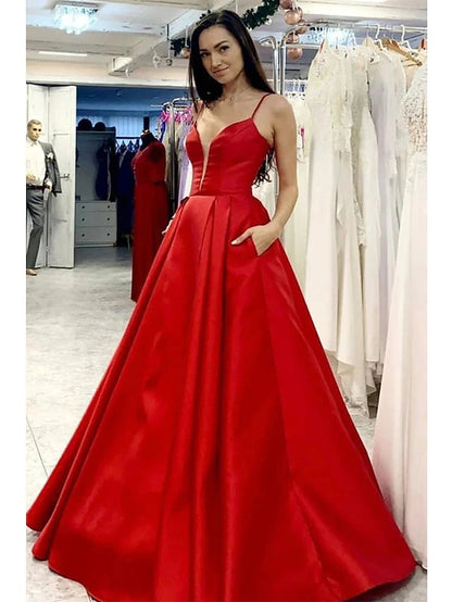 A-Line Prom Dresses Minimalist Dress Formal Floor Length Sleeveless V Neck Pocket Satin