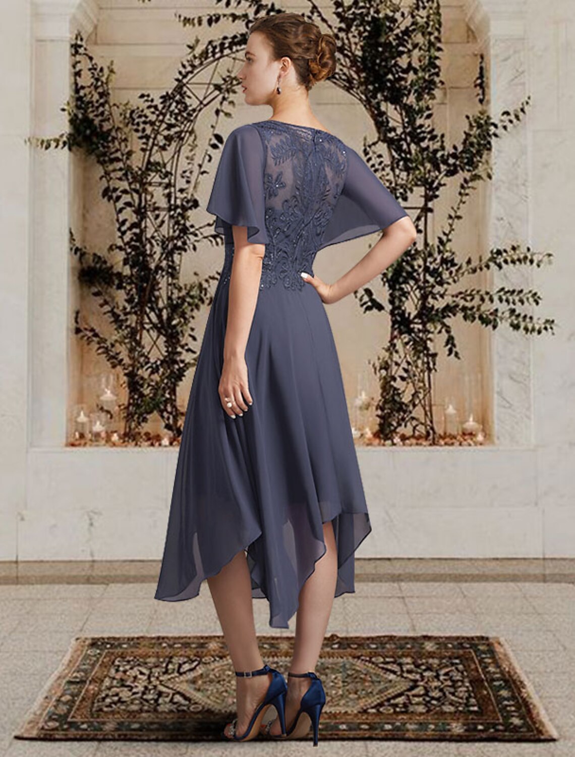 A-Line Mother of the Bride Dress Elegant High Low Jewel Neck Asymmetrical Tea Length Chiffon Lace Short Sleeve