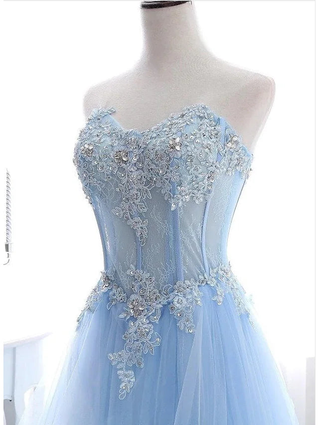 A-Line Sexy Floral Engagement Prom Birthday Dress Strapless Sleeveless Sweep / Brush Train Lace with Pleats