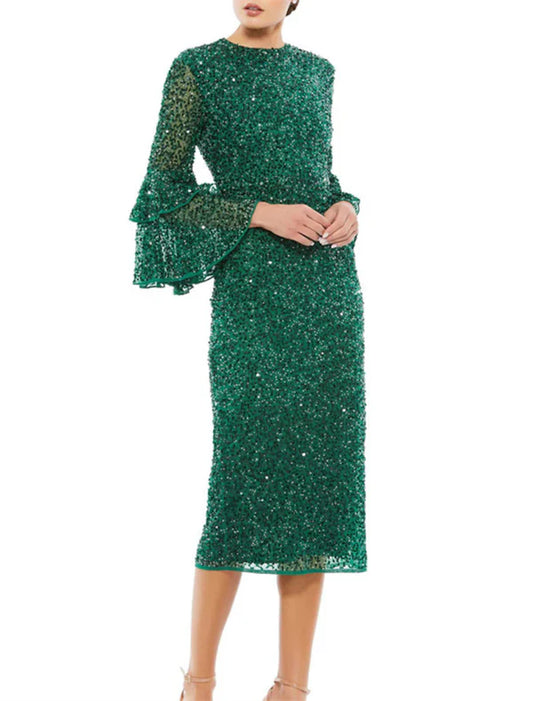 Sheath / Column Cocktail Dresses Party Dress Wedding Guest Party Wear Tea Length 3/4 Length Sleeve Jewel Neck Sequined with Sequin