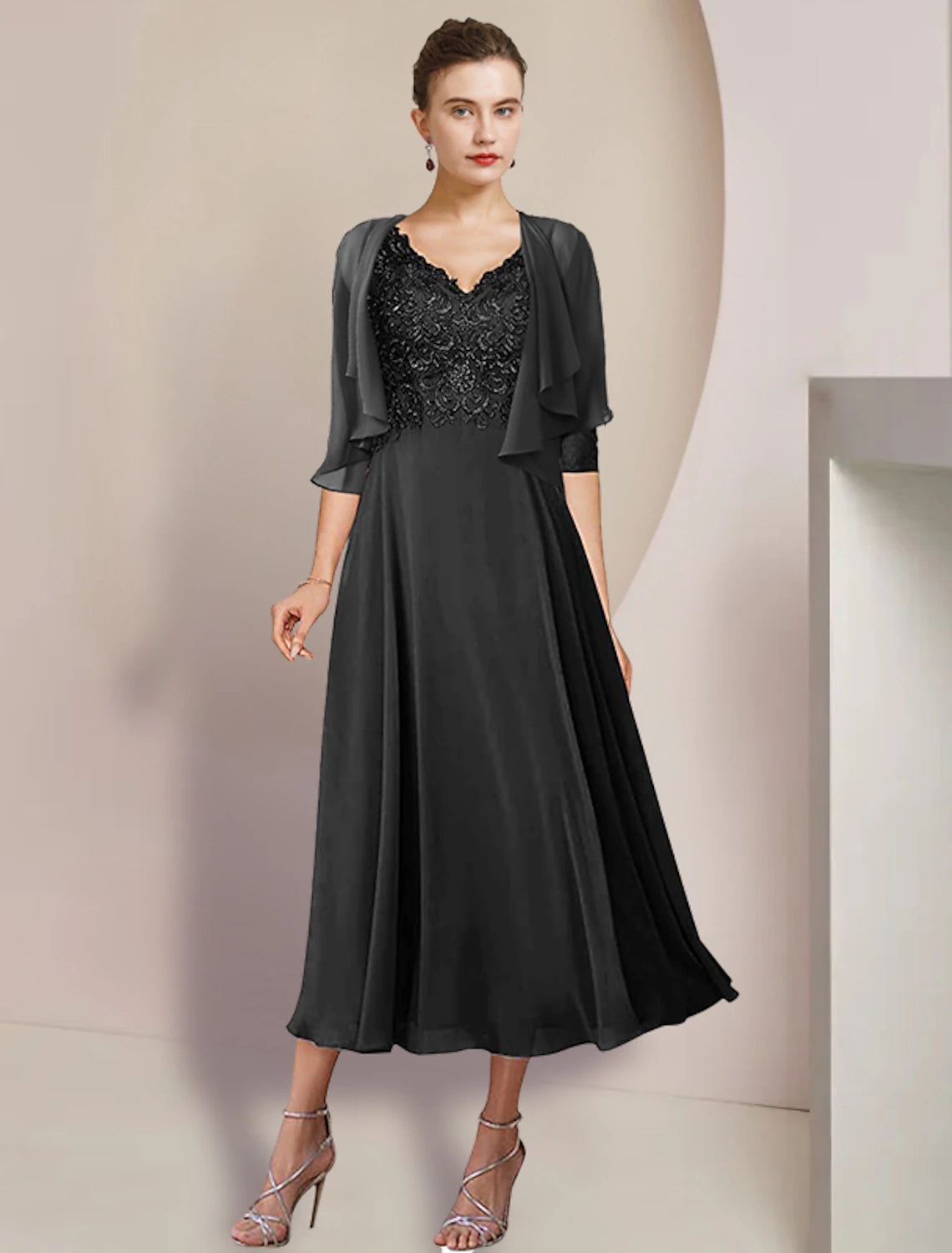 Two Piece A-Line Mother of the Bride Dress Formal Wedding Guest Elegant V Neck Tea Length Chiffon Lace 3/4 Length Sleeve Wrap Included