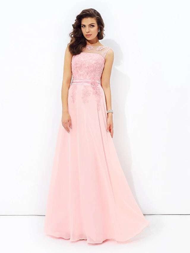 A-Line Prom Dresses Sparkle & Shine Dress Formal Floor Length Sleeveless Jewel Neck Chiffon