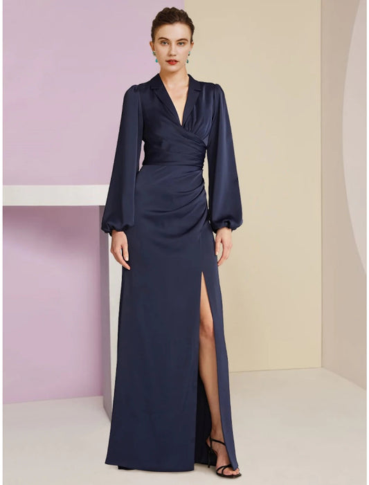 Sheath / Column Mother of the Bride Dress Wedding Guest Elegant V Neck Floor Length Stretch Satin Long Sleeve