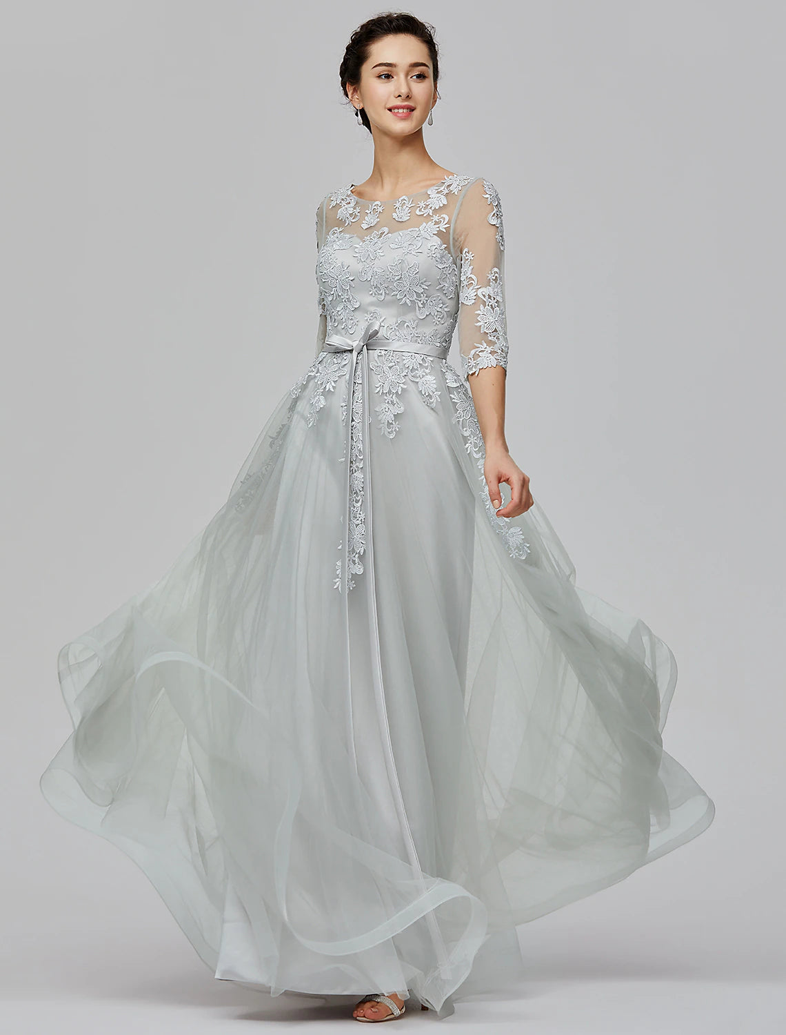 A-Line Empire Dress Wedding Guest Prom Floor Length Half Sleeve Illusion Neck Tulle with Bow(s)