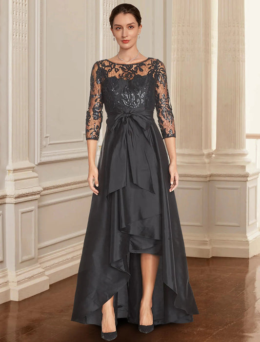 A-Line Mother of the Bride Dress Formal Wedding Guest Elegant Black Dress Jewel Neck Asymmetrical Lace Italy Satin 3/4 Length Sleeve with Lace Bow(s)