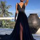 A-Line Bridesmaid Dress Plunging Neck Sleeveless Furcal Floor Length Chiffon with Pleats / Split