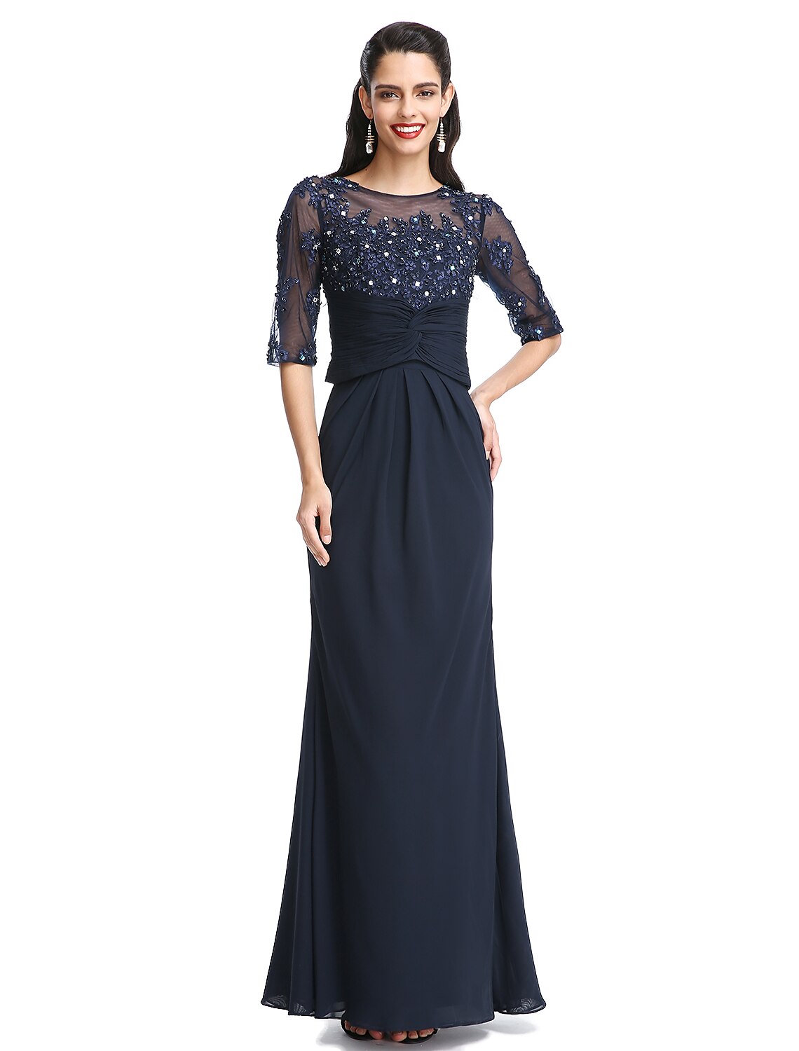 A-Line Mother of the Bride Dress Convertible Dress Scoop Neck Floor Length Chiffon Half Sleeve