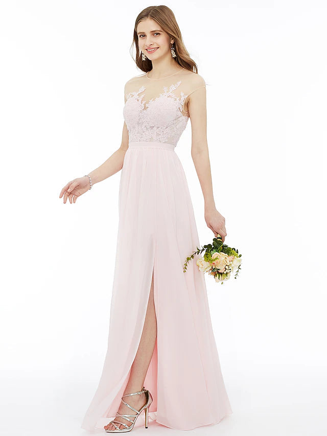 A-Line Bridesmaid Dress Illusion Neck Sleeveless Illusion Detail Floor Length Chiffon / Floral Lace with Sash / Ribbon