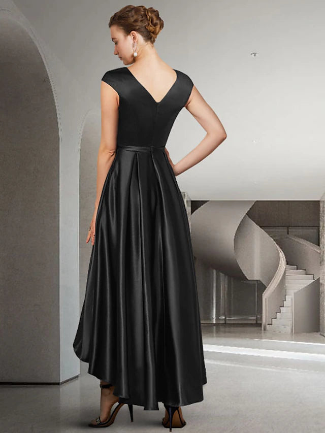 A-Line Mother of the Bride Dress Elegant High Low Jewel Neck Asymmetrical Satin Sleeveless with Bow(s)