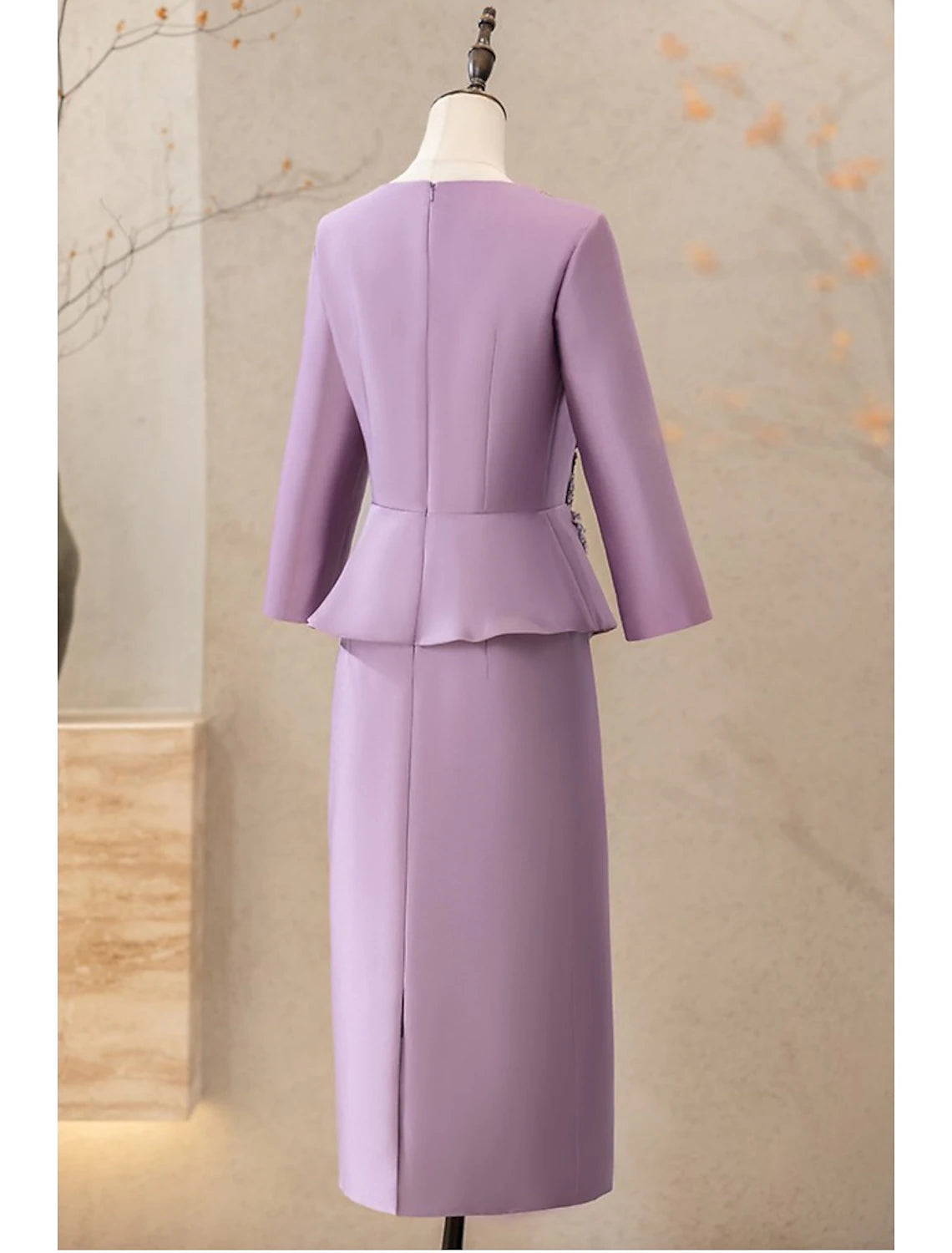 Two Piece Cocktail Dresses Elegant Dress Wedding Party Tea Length Long Sleeve V Neck Satin Mother of the Bride Dresses