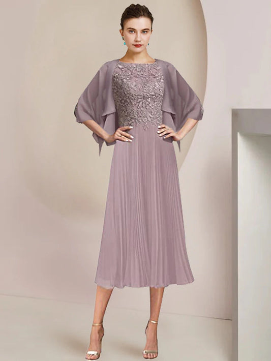Two Piece A-Line Mother of the Bride Dress Formal Wedding Guest Elegant Scoop Neck Tea Length Lace 3/4 Length Sleeve Wrap Included with Pleats