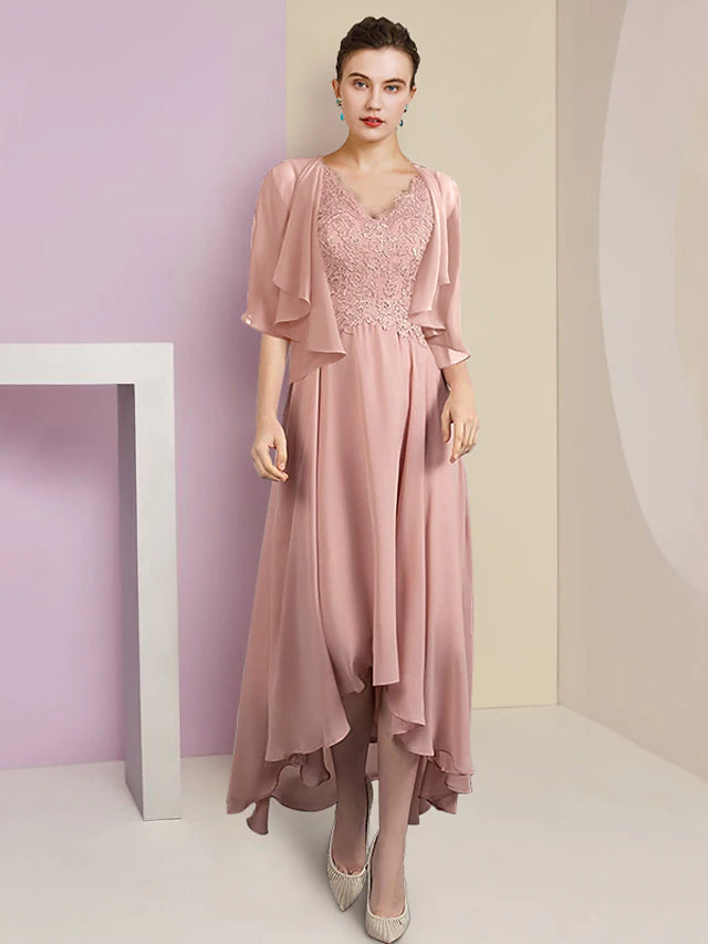 Two Piece A-Line Mother of the Bride Dress Formal Wedding Guest Elegant High Low V Neck Asymmetrical Tea Length Chiffon Lace Short Sleeve Wrap Included with Pleats