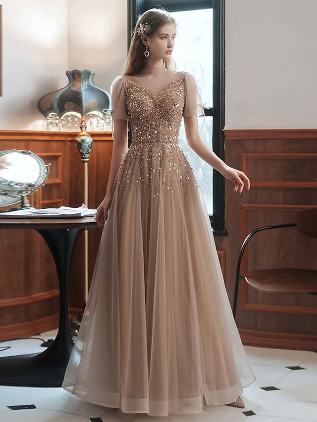 A-Line Prom Dresses Sparkle Dress Engagement Floor Length Sleeveless High Neck Tulle with Bow(s) Beading