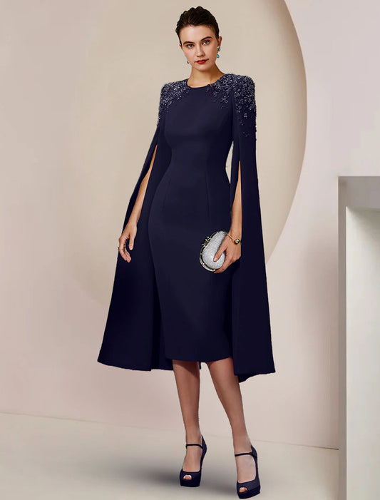 Sheath / Column Mother of the Bride Dress Formal Wedding Guest Elegant Scoop Neck Knee Length Stretch Chiffon Long Sleeve