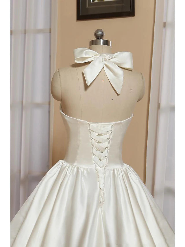 Bridal Shower Little White Dresses Wedding Dresses Tea Length A-Line Sleeveless Halter Satin With Bow(s)
