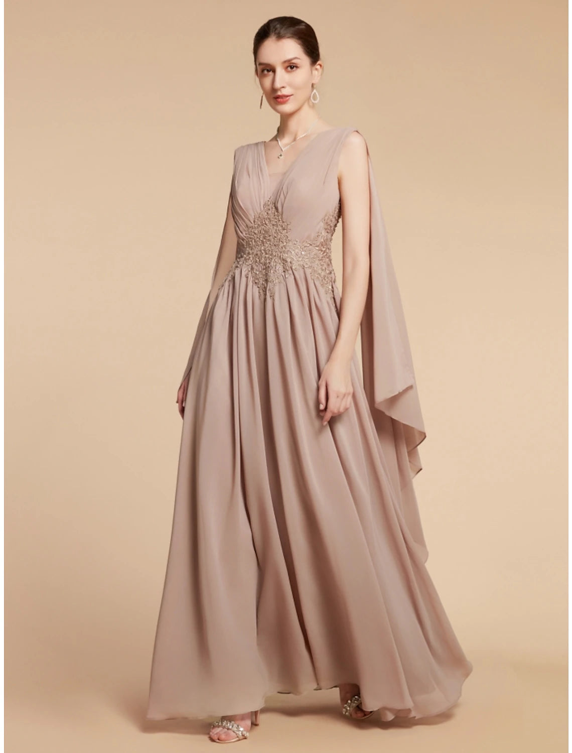 A-Line Mother of the Bride Dress Wedding Guest Elegant V Neck Ankle Length Chiffon Lace Sleeveless with Ruching