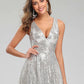 A-Line Prom Dresses Sparkle Dress Wedding Guest Floor Length Sleeveless V Neck Polyester V Back