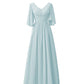 A-Line Bridesmaid Dress V Neck Half Sleeve Elegant Floor Length Chiffon with Pleats