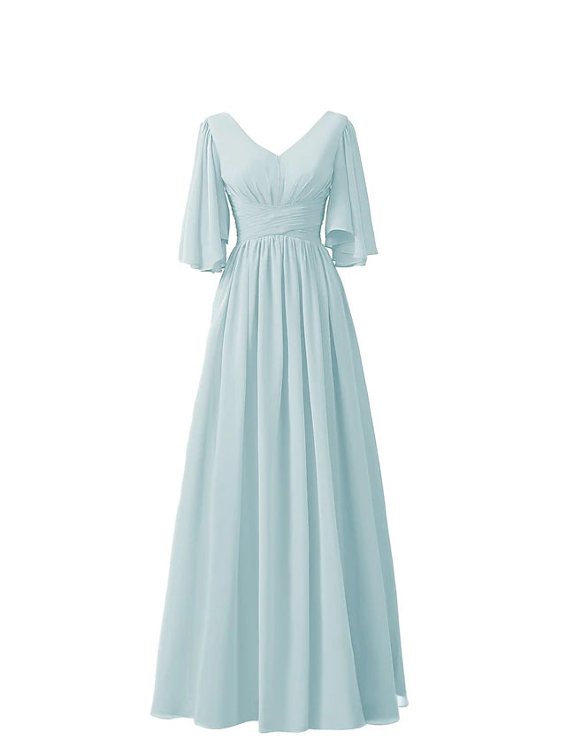 A-Line Bridesmaid Dress V Neck Half Sleeve Elegant Floor Length Chiffon with Pleats