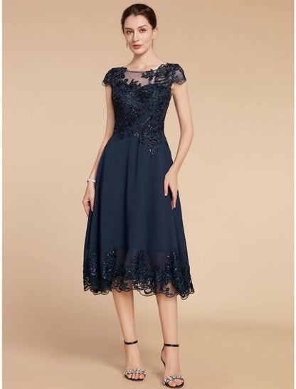 A-Line Mother of the Bride Dress Wedding Guest Elegant Petite Scoop Neck Tea Length Chiffon Lace Cap Sleeve with Sequin Ruching