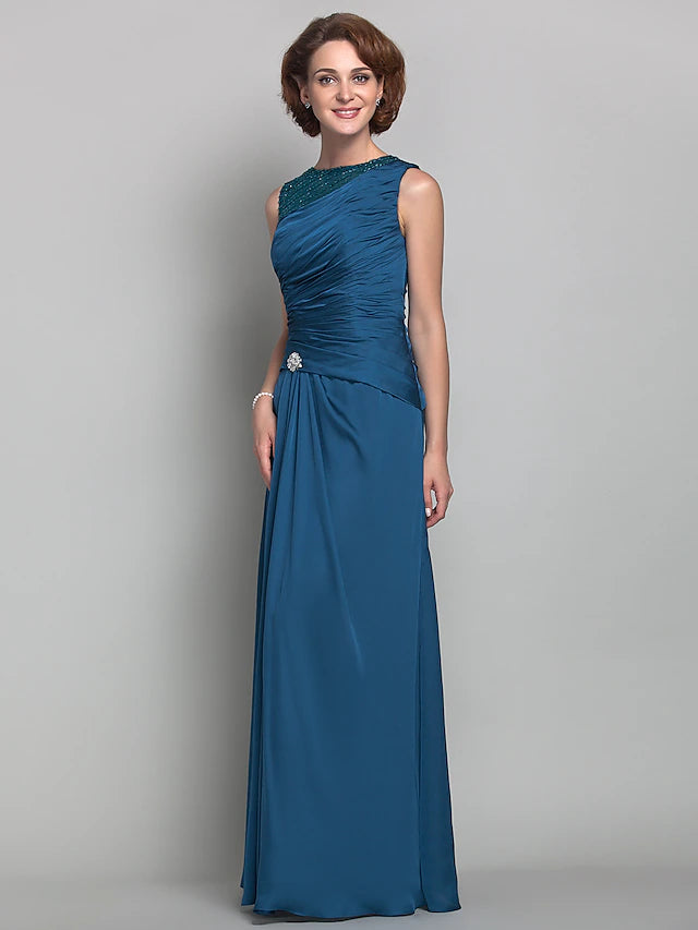 Sheath / Column Mother of the Bride Dress Vintage Inspired Jewel Neck Floor Length Satin Chiffon Sleeveless