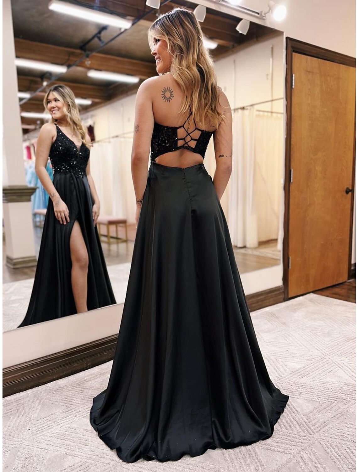 A-Line Evening Gown Empire Dress Formal Prom Floor Length Sleeveless V Neck Pocket Satin Backless