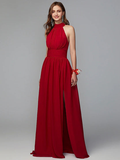 A-Line Bridesmaid Dress High Neck Sleeveless Furcal Floor Length Chiffon with Pleats / Split