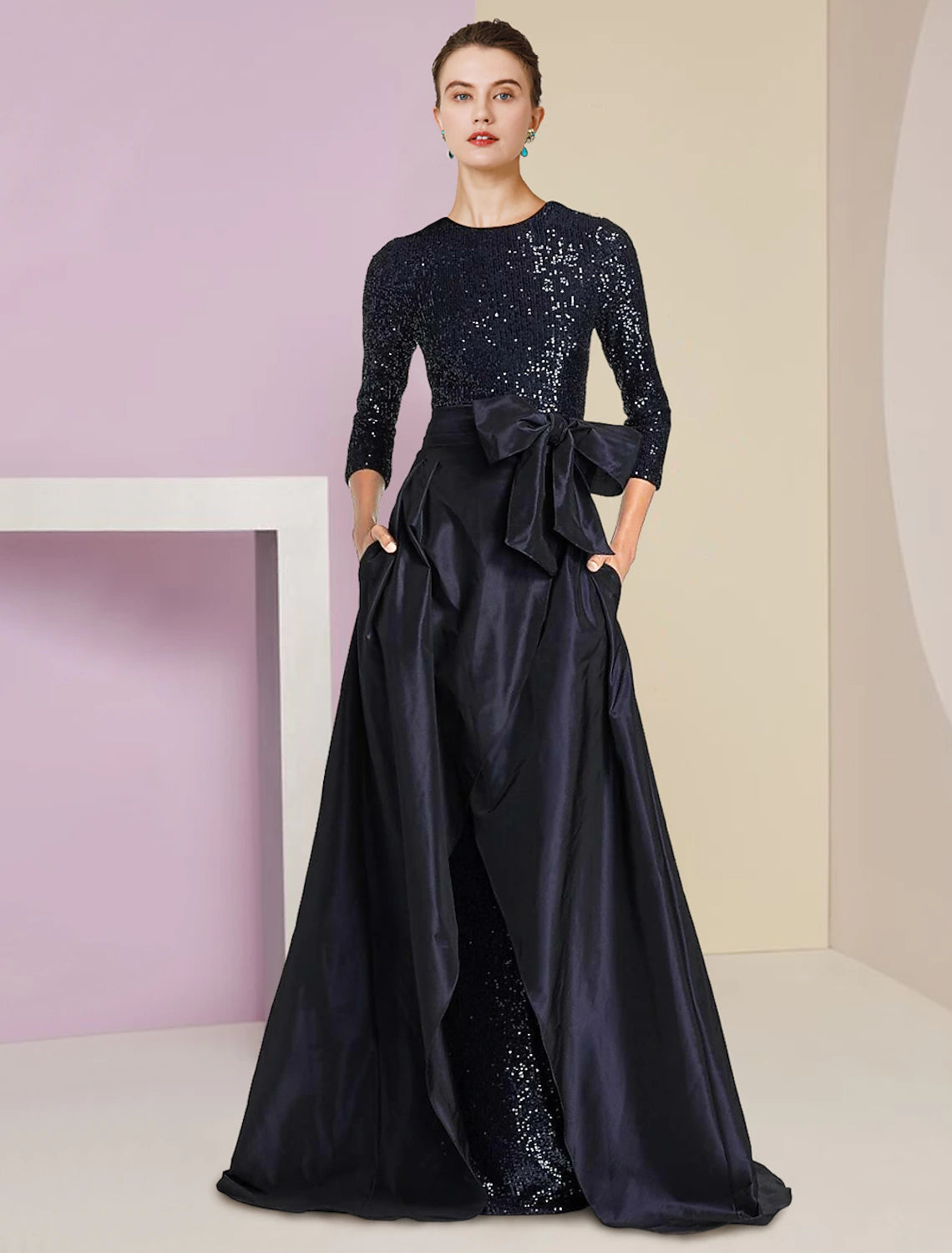 Two Piece Sheath / Column Mother of the Bride Dress Formal Wedding Guest Sparkle & Shine Elegant Scoop Neck Floor Length Detachable Taffeta Sequined 3/4 Length Sleeve