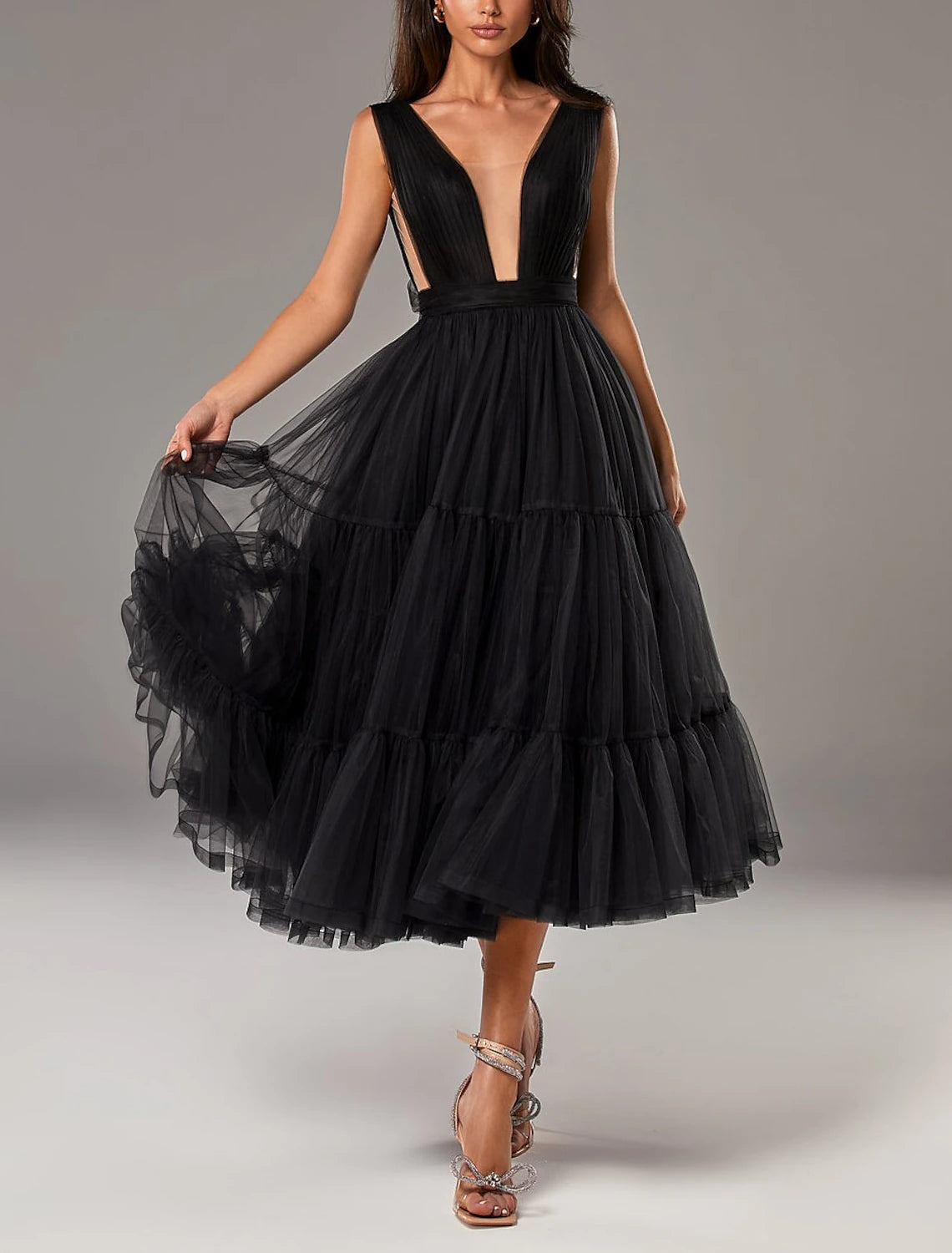 A-Line Prom Dresses Princess Dress Wedding Guest Tea Length Sleeveless V Neck Tulle with Bow(s)