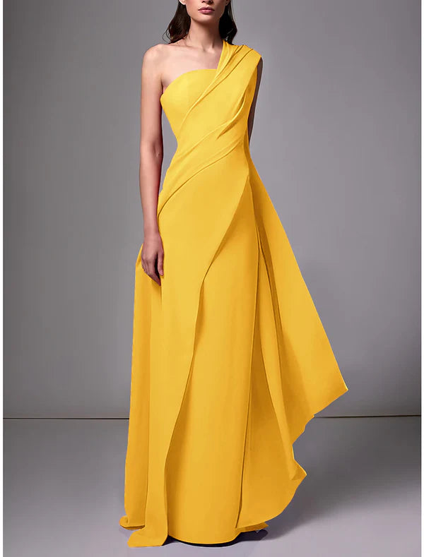 Sheath Evening Gown Red Green Dress Elegant Dress Formal Sweep / Brush Train Sleeveless One Shoulder Stretch Chiffon with Pleats
