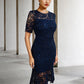 Sheath / Column Mother of the Bride Dress Simple Elegant High Low Jewel Neck Knee Length Lace Short Sleeve with Appliques