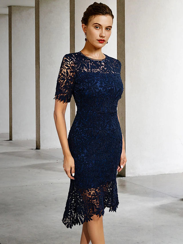 Sheath / Column Mother of the Bride Dress Simple Elegant High Low Jewel Neck Knee Length Lace Short Sleeve with Appliques