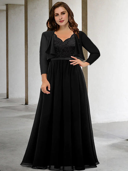 Two Piece A-Line Plus Size Curve Mother of the Bride Dresses Elegant Dress Formal Floor Length Short Sleeve V Neck Chiffon