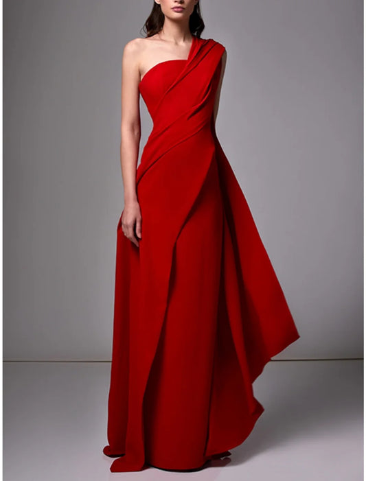 Sheath Evening Gown Red Green Dress Elegant Dress Formal Sweep / Brush Train Sleeveless One Shoulder Stretch Chiffon with Pleats