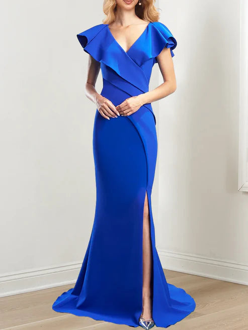 Mermaid V-Neck Short Sleeves Split Side Mother Of The Bride Dresses Sexy Evening Dress