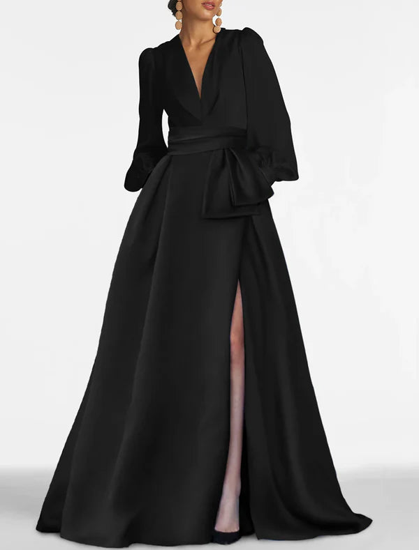 A-Line Evening Gown Elegant Dress Formal Sweep / Brush Train Formal Red Green Dress Long Sleeve V Neck Satin with Slit