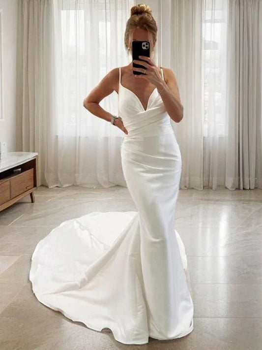 Slim fit V-neck pleated church tail satin wedding dress Sexy