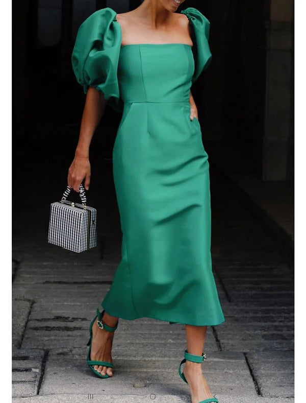 Sheath / Column Cocktail Dresses Backless Dress Wedding Guest Summer Tea Length Short Sleeve Square Neck Satin