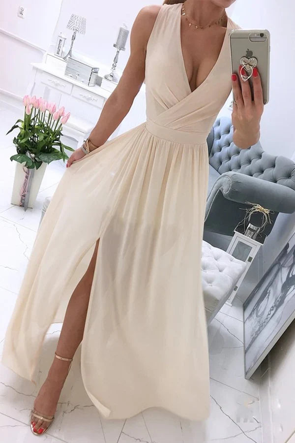 Sexy and minimalist solid color slit V-neck evening dress Party Dress
