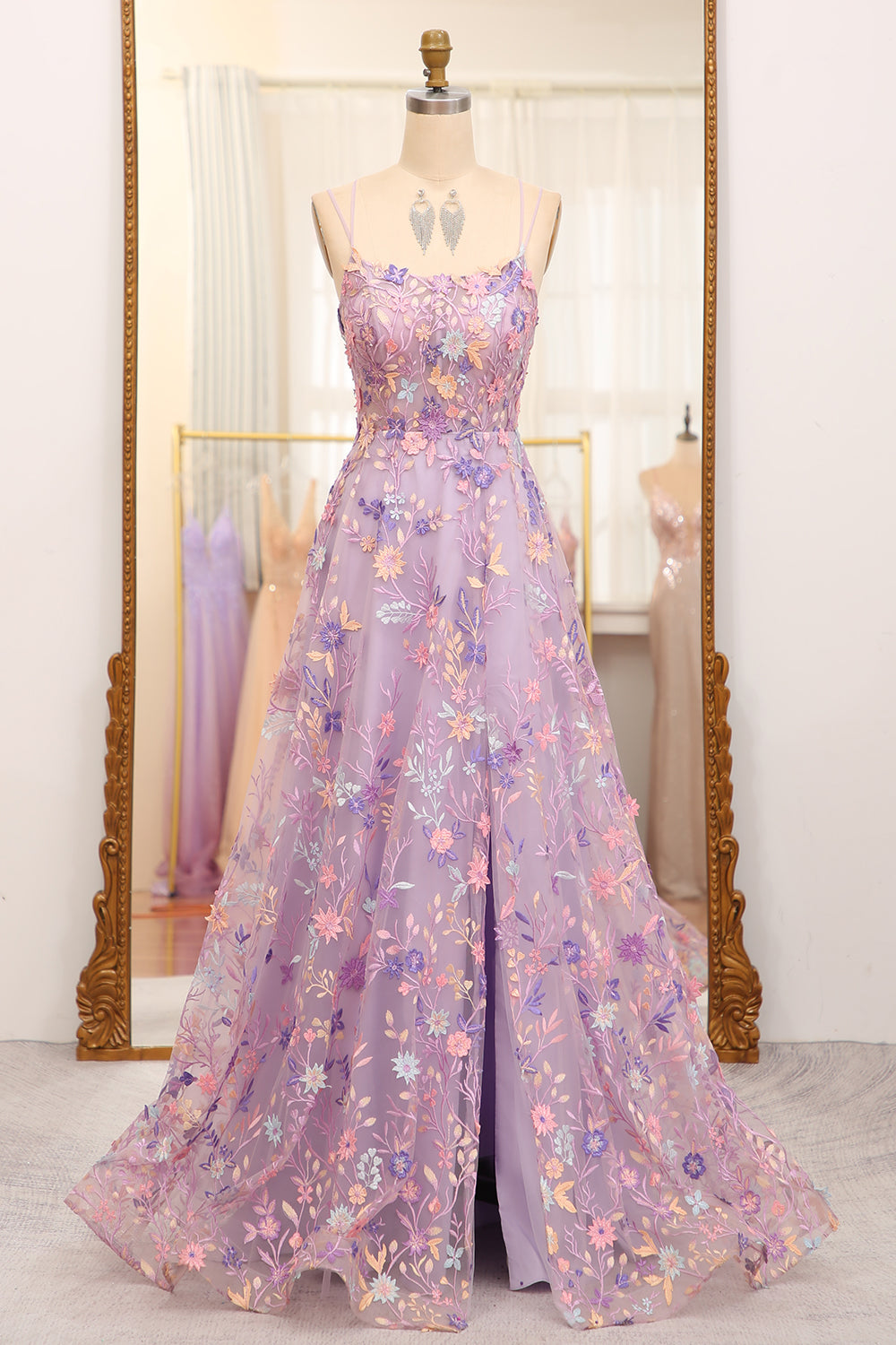 A Line Spaghetti Straps Front Slit Tulle Applique Long Prom Dress With Embroidery With Flowers