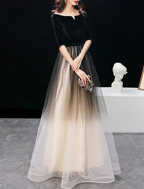 A-Line Elegant Gradient Prom Formal Evening Dress Jewel Neck Half Sleeve Floor Length Tulle with Sleek Party Dresses