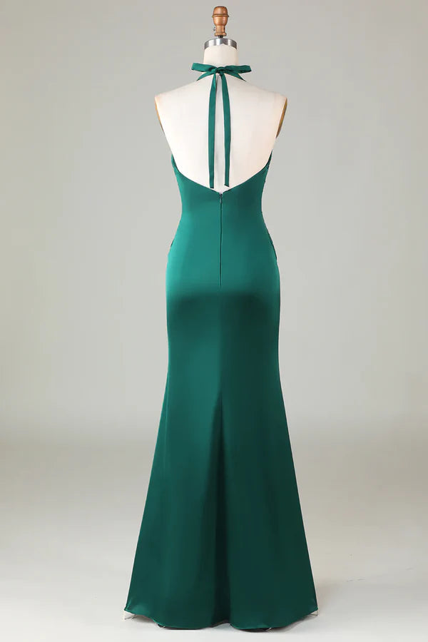 Fish tail hanging neck deep green long satin bridesmaid dress V-neck Sexy Evening Dresses