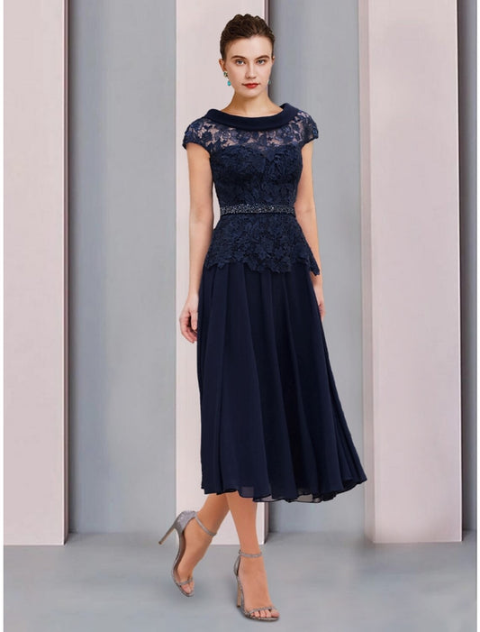 A-Line Mother of the Bride Dress Wedding Guest Elegant Scoop Neck Tea Length Chiffon Lace Short Sleeve with Sequin Ruching